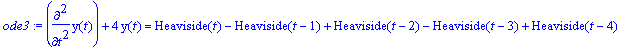 ode3 := diff(y(t),`$`(t,2))+4*y(t) = Heaviside(t)-H...