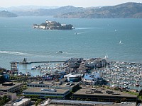 IMG 2047  View north from Coit Tower with Pier 39 in the foreground, Alcatraz (middle), Belvedere (top left), Tiburon (top middle), and Angel Island (top right) : flowers