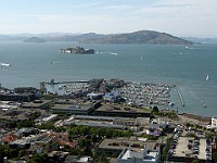 IMG 3699  View north from Coit Tower with Pier 39 in the foreground, Alcatraz (middle), Belvedere (top left), Tiburon (top middle), and Angel Island (top right) : flowers