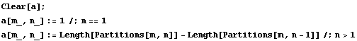 Clear[a] ; a[m_, n_] := 1 /; n == 1 a[m_, n_] := Length[Partitions[m, n]] - Length[Partitions[m, n - 1]] /; n > 1 