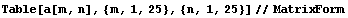 Table[a[m, n], {m, 1, 25}, {n, 1, 25}] // MatrixForm