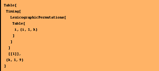 Table[ Timing[ LexicographicPermutations[ Table[ i, {i, 1, k} ] ] ] [[1]], {k, 1, 9} ]