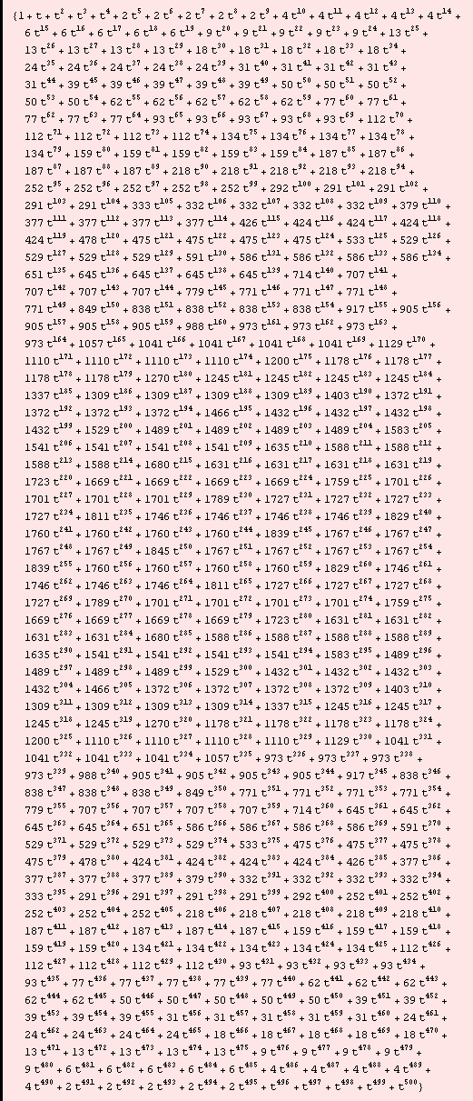 {1 + t + t^2 + t^3 + t^4 + 2 t^5 + 2 t^6 + 2 t^7 + 2 t^8 + 2 t^9 + 4 t^10 + 4 t^11 + 4 t^12 + ... 4 t^490 + 2 t^491 + 2 t^492 + 2 t^493 + 2 t^494 + 2 t^495 + t^496 + t^497 + t^498 + t^499 + t^500}