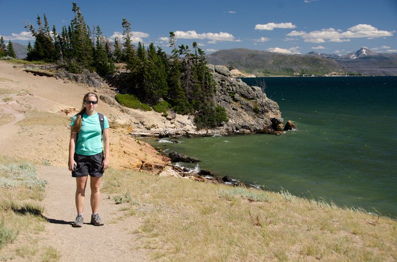 _DSC7505.jpg - Teagan on the Storm Point Trail along Yellowstone Lake with Avalanche Peak in the background